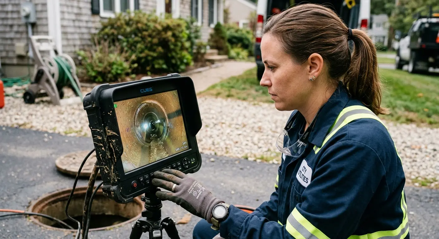Technician reviewing sewer camera inspection footage in New Ulm