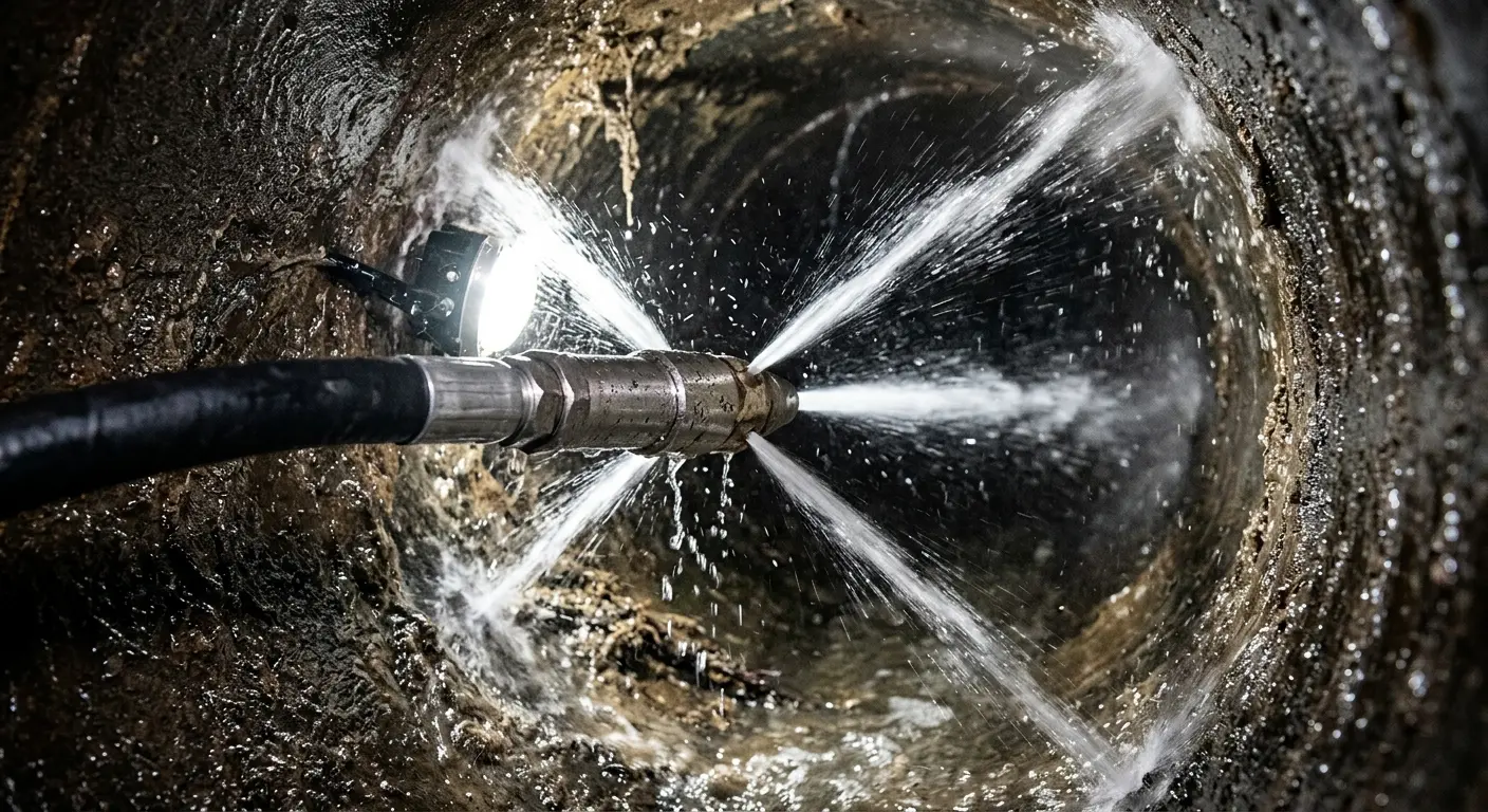 High-pressure hydro jetting nozzle cleaning sewer pipe for Sewer Cleanout in New Ulm
