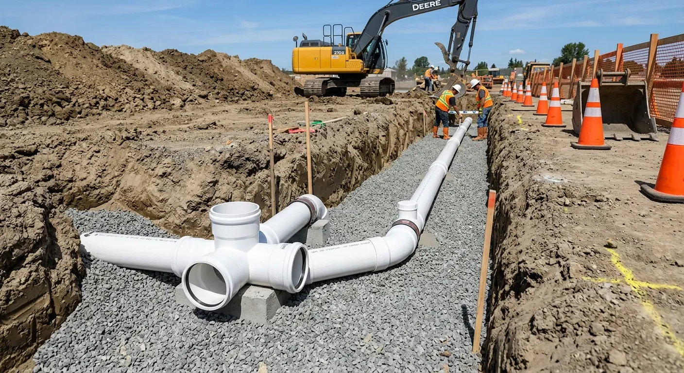 New PVC sewer pipe installation in open trench for Grease Trap Cleaning in New Ulm