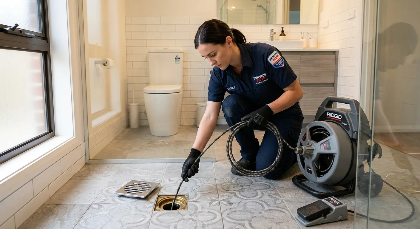 Technician clearing a bathroom floor drain for Clogged Drain Repair in New Ulm